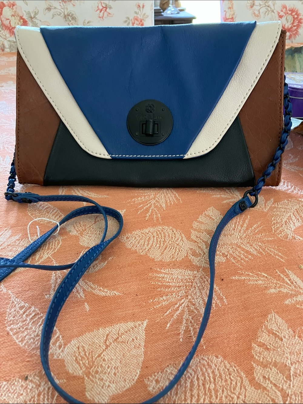 Elliott Lucca Blue, White & Brown Colorblock Crossbody with Black Accent
